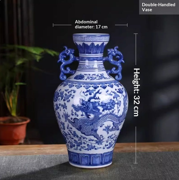 Blue And White Porcelain Dragon Phoenix Pair Vase Decor