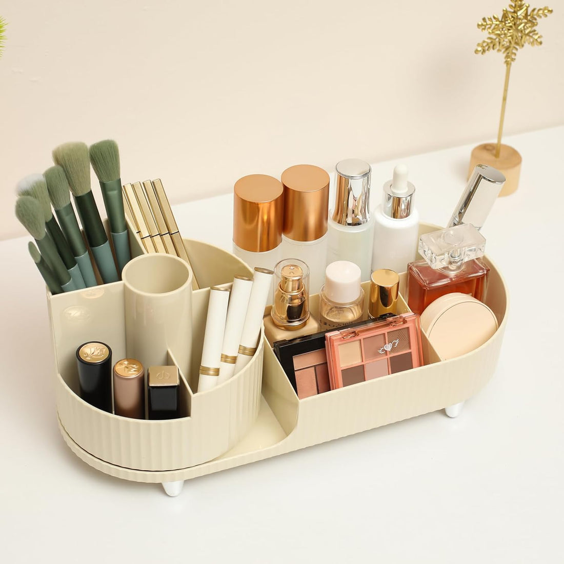 Rotating Makeup Organizer With Brush Holder Large Capacity Vanity Storage Case