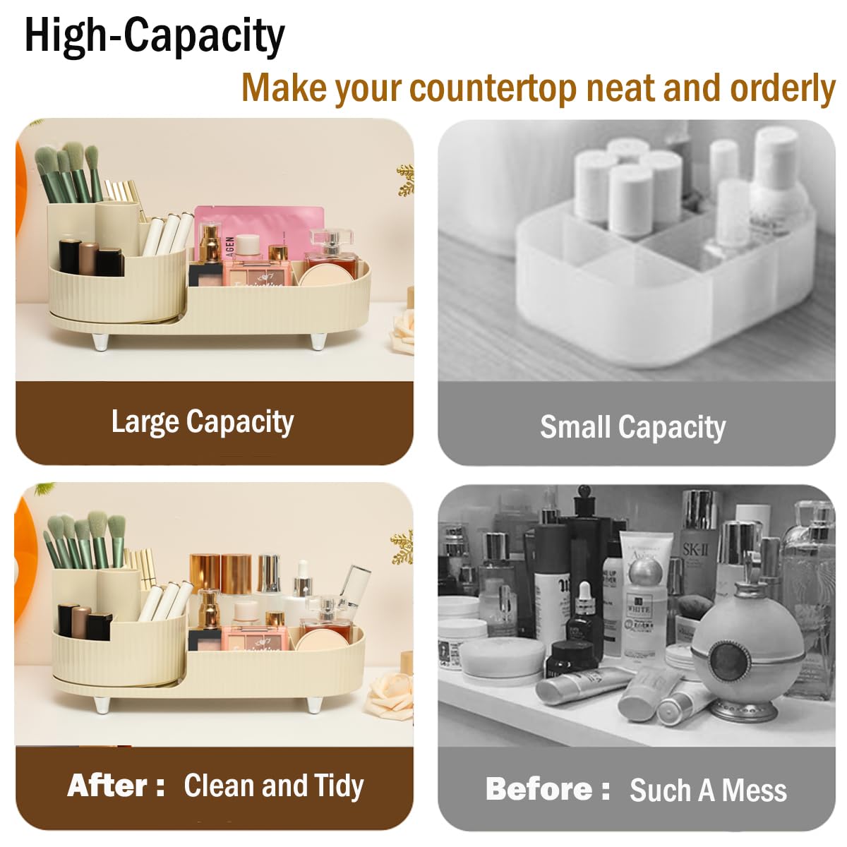 Rotating Makeup Organizer With Brush Holder Large Capacity Vanity Storage Case