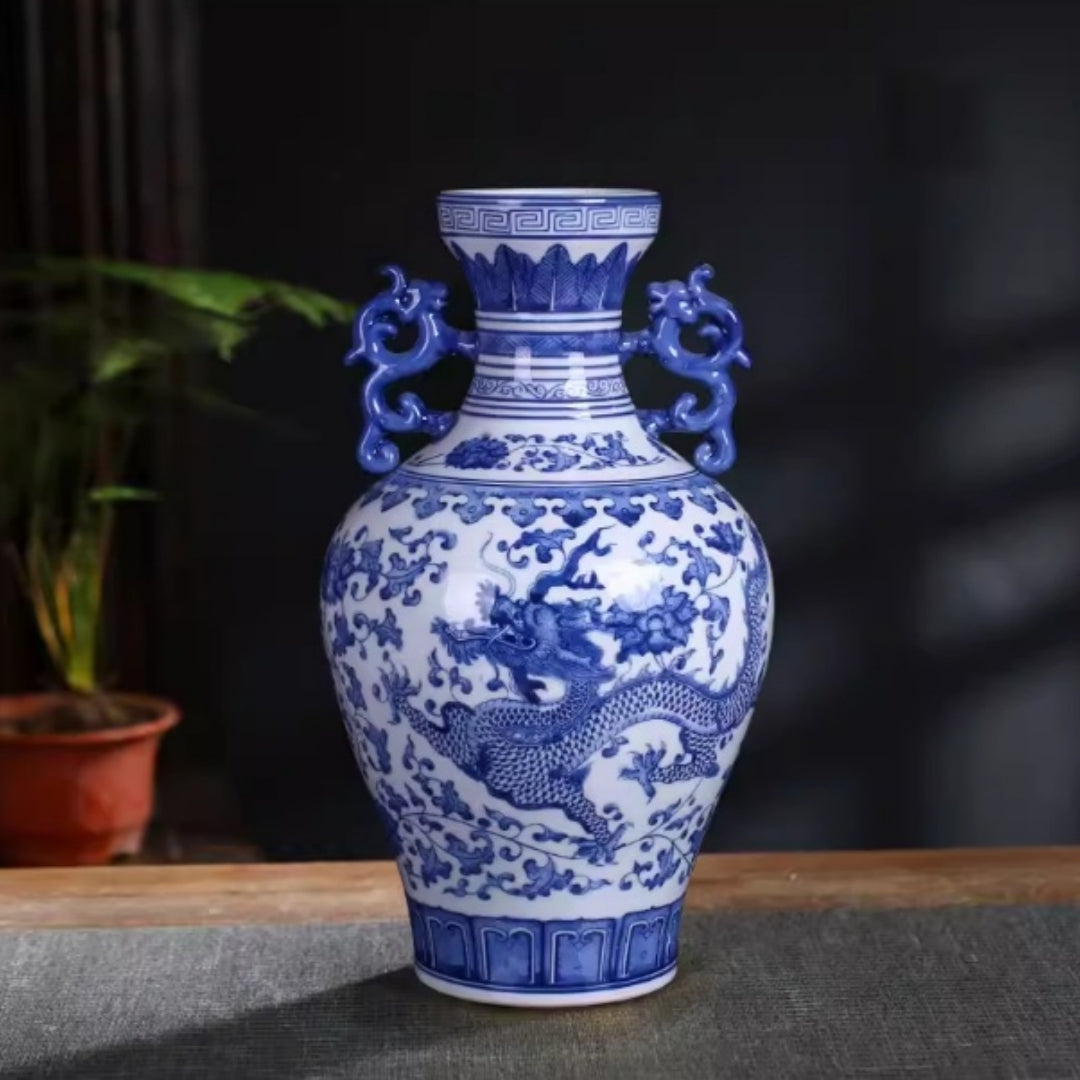 Blue And White Porcelain Dragon Phoenix Pair Vase Decor