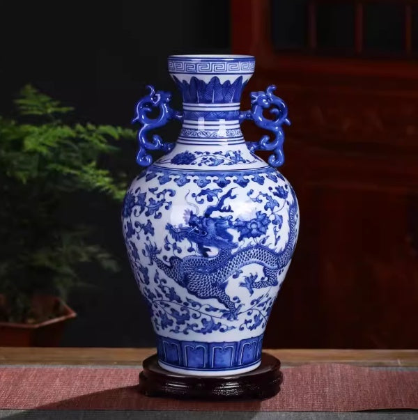 Blue And White Porcelain Dragon Phoenix Pair Vase Decor