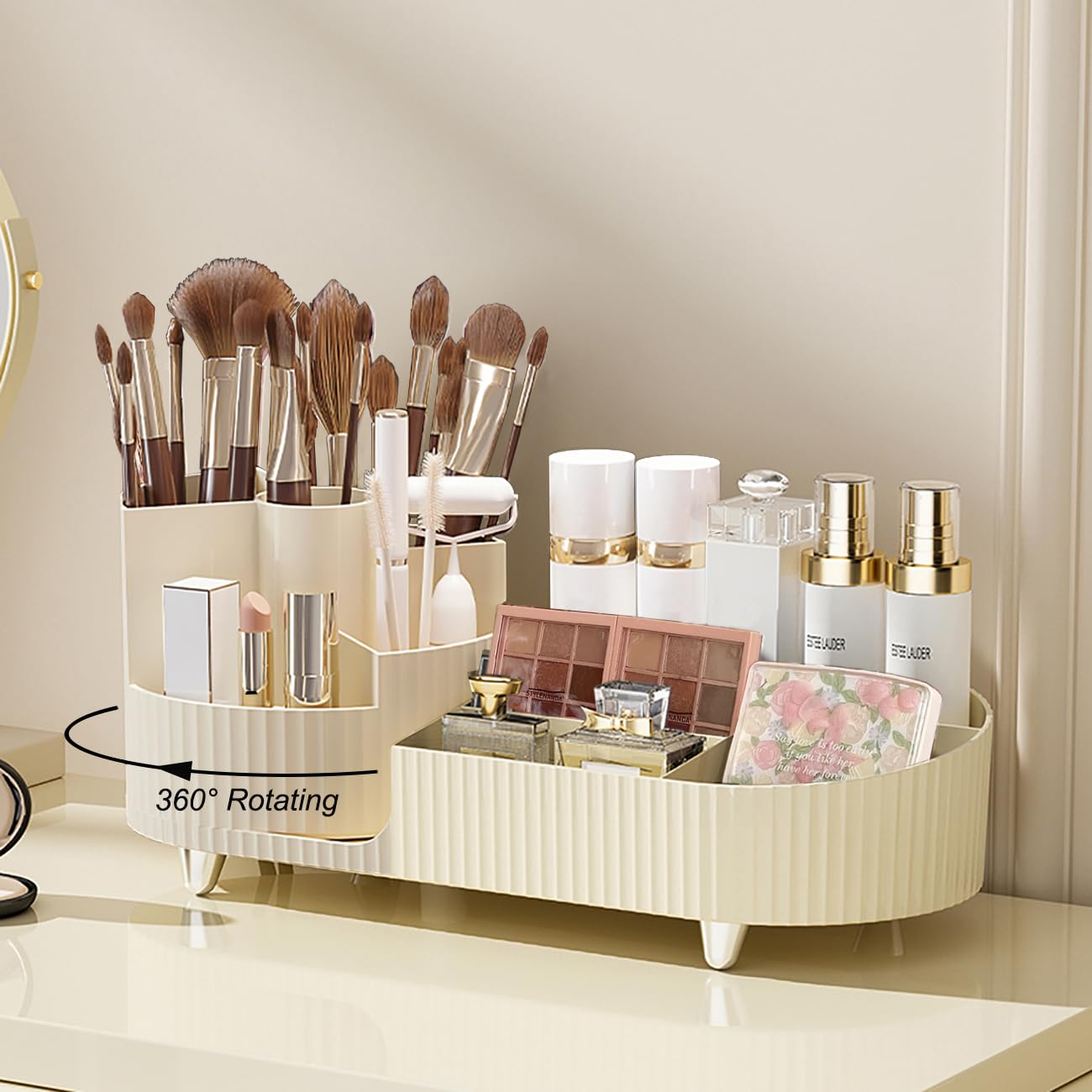 Rotating Makeup Organizer With Brush Holder Large Capacity Vanity Storage Case