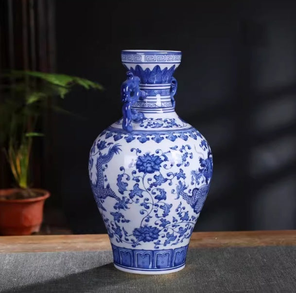 Blue And White Porcelain Dragon Phoenix Pair Vase Decor