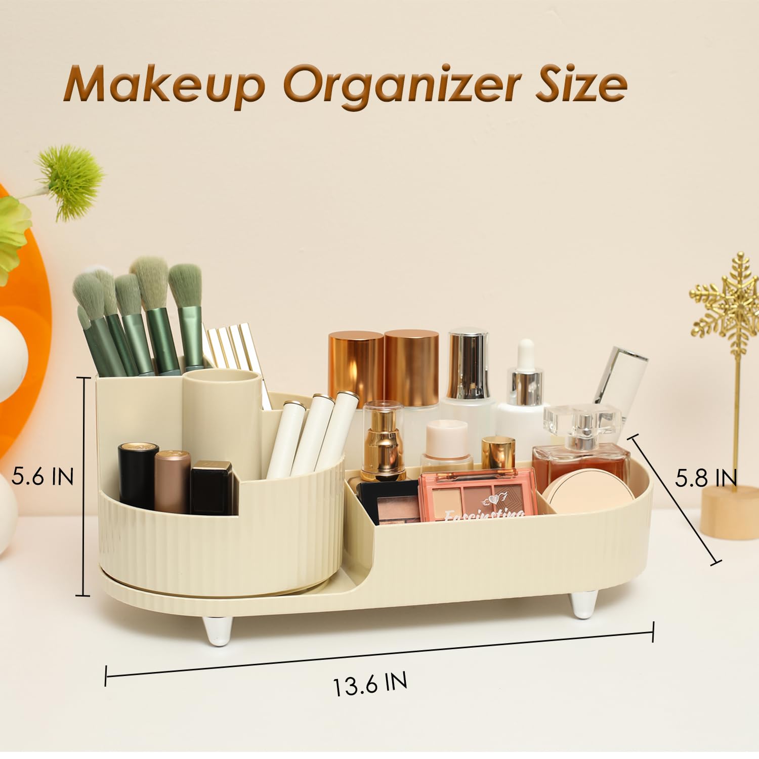 Rotating Makeup Organizer With Brush Holder Large Capacity Vanity Storage Case